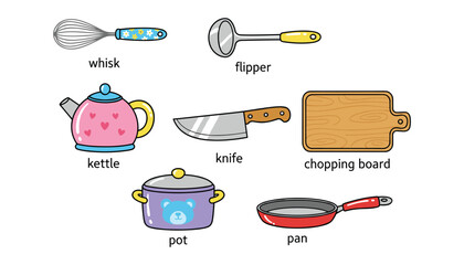 Labeled set of cooking kitchenware tools and utensils with kitchenware, utensils © FatemaStock