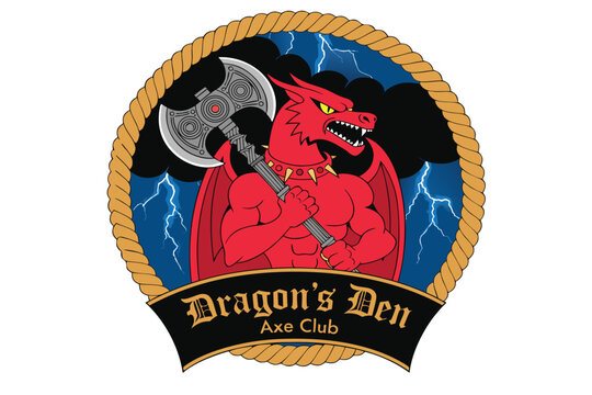 Dragon's Den Axe Club Emblem with Red Mythical Monster Holding Double Headed Battleaxe and Lightning Background