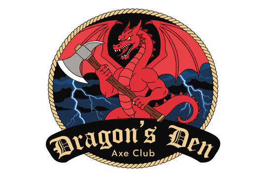 Dragon's Den Axe Club Vector Badge, Red Mythical Beast Holding Battleaxe with Lightning Storm Logo