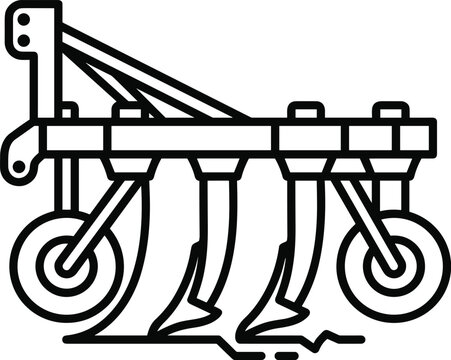 Mechanical farming plow machine with adjustable depth gauge wheels dragging cutting shares through rough dirt