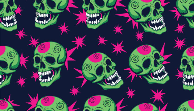 Seamless pattern with green skulls and pink stars seamless background