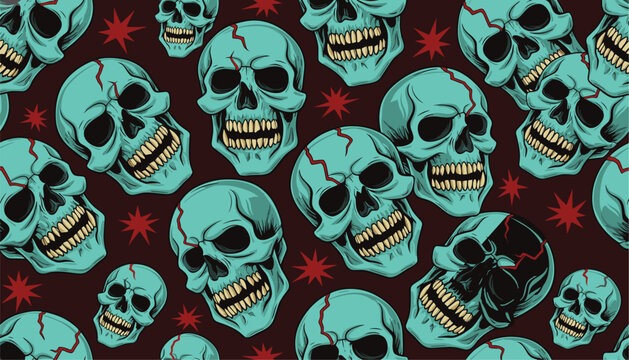 Seamless pattern with human skulls and red star elements seamless background