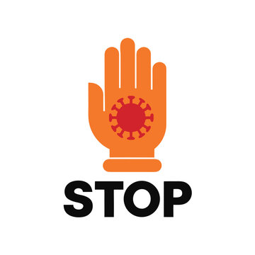 Stop Coronavirus Concept Vector Icon with Orange Hand and Red Virus Sign