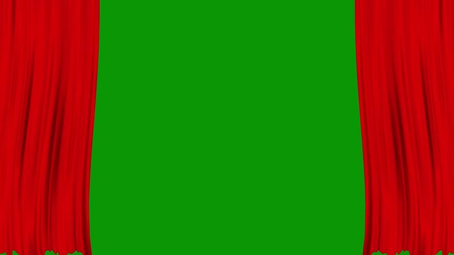 Opening red curtains animation for movie premiere with spotlight opening, professional stage drape revealing effect for performance introduction on motion graphic elements green background. 4k video