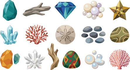 Natural sea treasure game assets with crystals diamonds shells and coral reef vector icon set © RurposiRani