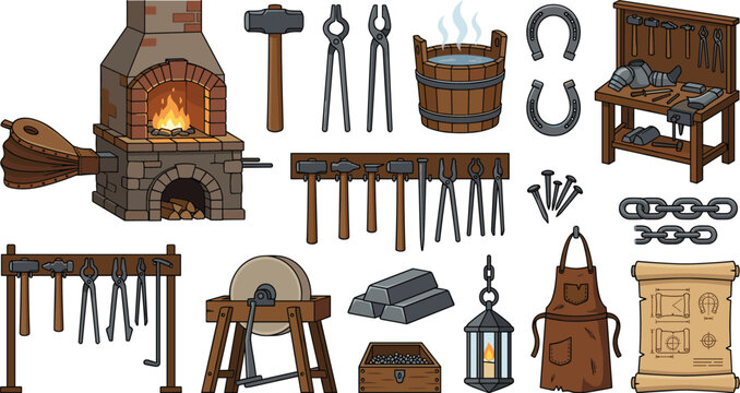 Medieval blacksmith workshop equipment and vintage forging tools vector illustration set