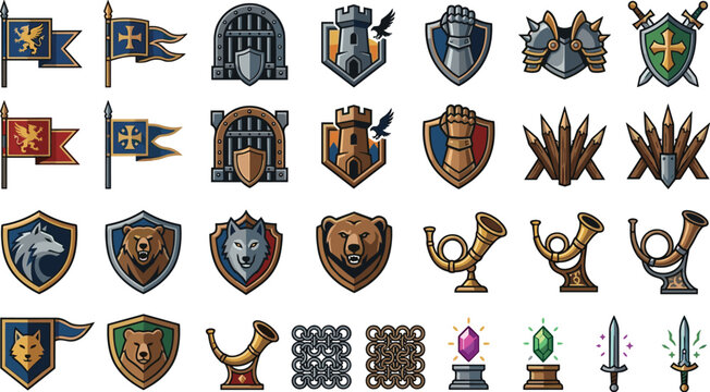 Medieval warfare kingdom strategy assets and rpg game inventory items vector flat illustration set