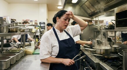 Fototapeta premium Exhausted female chef sweating heavily in hot commercial kitchen. Tired woman wiping forehead due to extreme heat and broken AC