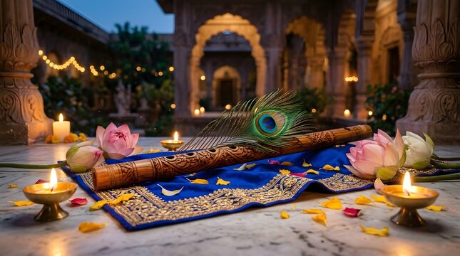 Traditional indian flute, peacock feather, and glowing brass oil lamps arranged on a rich blue silk fabric with lotus flowers, set against a blurred hindu temple background, at twilight