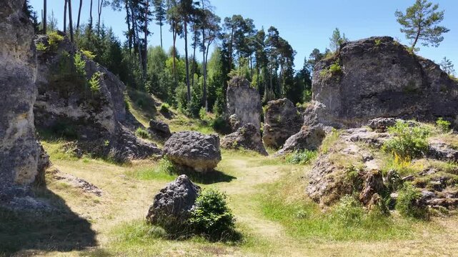 Luftaufnahme des Felsenmeers im Wental mit markanten Felsformationen aus Jurakalk, umgeben von einem dichten Nadelwald und Wanderwegen auf der Schw&auml;bischen Alb bei Sonnenschein.