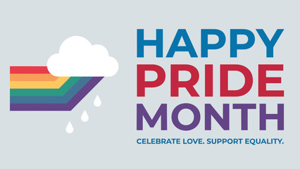 Fototapeta premium Modern Happy Pride Month banner with rainbow and cloud illustration for LGBTQ+ campaigns, social media, websites, posters, events, and promotional materials.