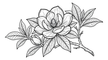 Vintage magnolia flower line art vector, botanical blossom branch with leaves, hand drawn floral sketch for wedding invitations and elegant branding © ansa