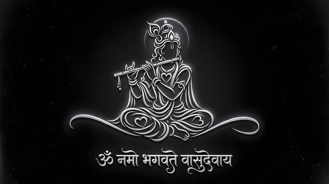 Lord Krishna Artistic White Line Art Silhouette Playing Flute with Om Namo Bhagavate Vasudevaya Sanskrit Mantra on Black Background