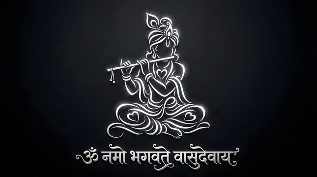Lord Krishna Artistic White Line Art Silhouette Playing Flute with Om Namo Bhagavate Vasudevaya Sanskrit Mantra on Black Background