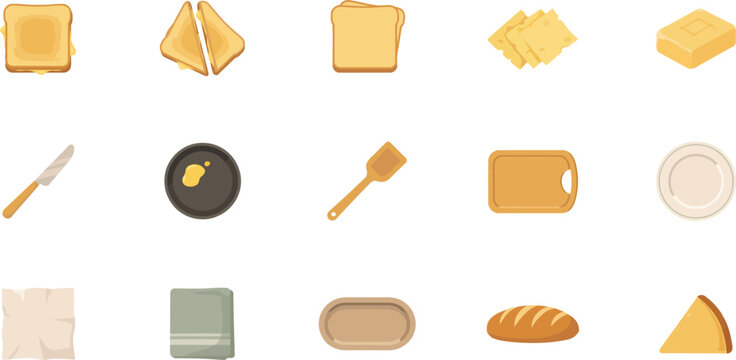 Flat vector icon set of breakfast toast elements including bread slices, butter, knife, and kitchen accessories