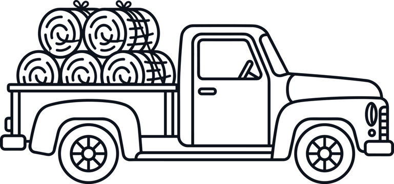 Vintage agricultural pickup truck loaded with round hay bales transporting livestock feed harvest on traditional farm