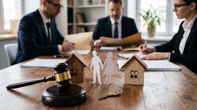 Divorce Asset Division Concept with Model Houses Gavel and Lawyer Meeting in Law Office