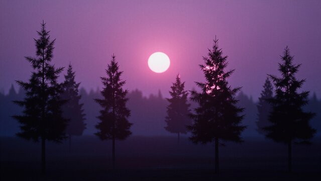 A serene landscape featuring silhouetted pine trees against a vibrant violet sunset.
