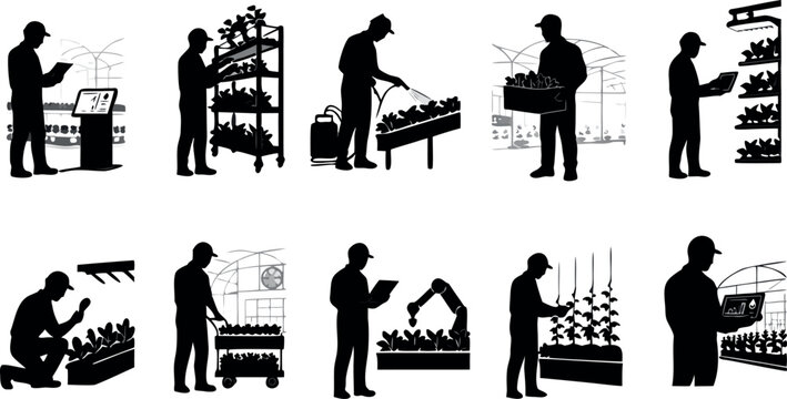Modern and traditional farming activities silhouettes with drone technology, tractor driving, crop inspection, planting, livestock care, and digital tools illustration
