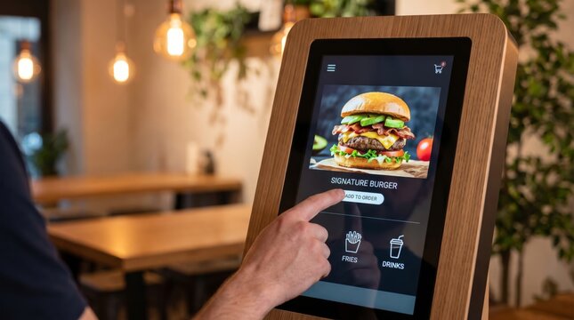 Customer Adding Signature Burger to Order on Self Service Digital Restaurant Touchscreen Kiosk