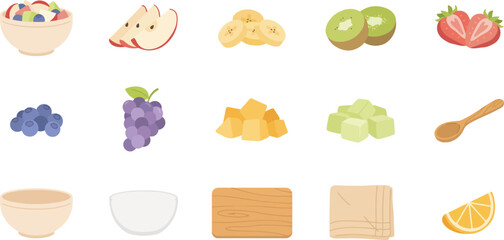 Fresh fruit and berry ingredient icon set for healthy food design featuring sliced fruits and wooden tools © MDTOFIZUL