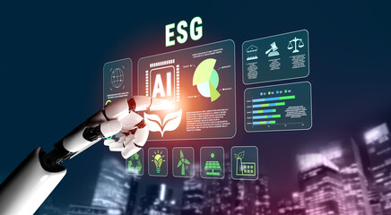 Fototapeta premium Futuristic Robotic Finger Interacting with Modern Environmental and Social Governance Data on High-Tech Display Background Quark.