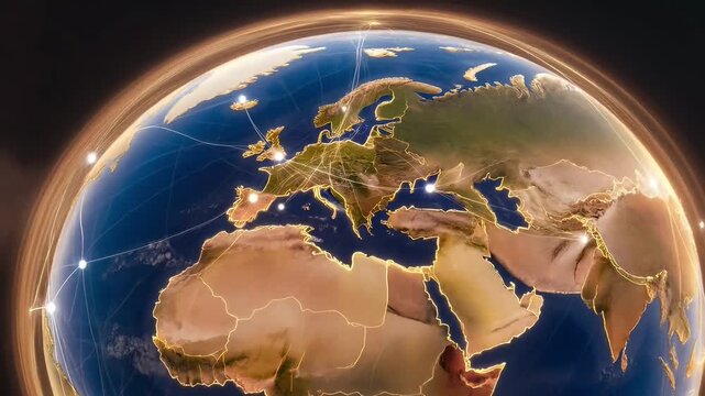 Glowing globe with interconnected lines across continents in space