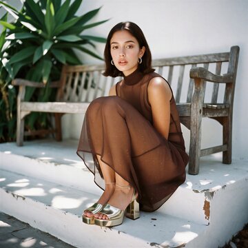 A young woman in a flowing dress sits gracefully on stone steps, bathed in soft sunlight.
