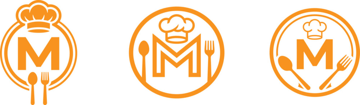 Restaurant logo design chef hat spoon fork initial 'm' branding concepts