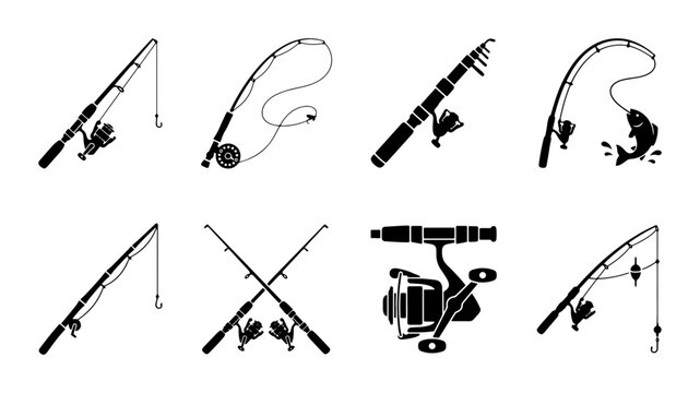 Fishing Rods Collection, Angling Gear Icons, Sport Equipment Vector Set, Outdoor Recreation Elements