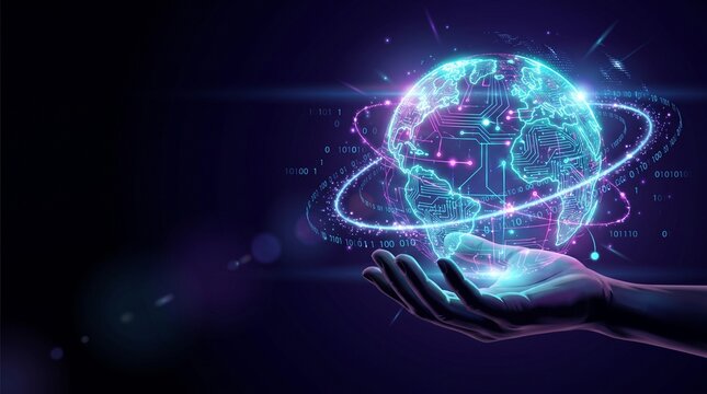 A hand holding a glowing neon circuit board globe with binary code on a dark background