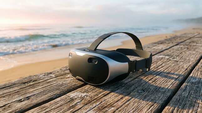 Virtual reality headset on a wooden pier with ocean view technology and artificial intelligence concept