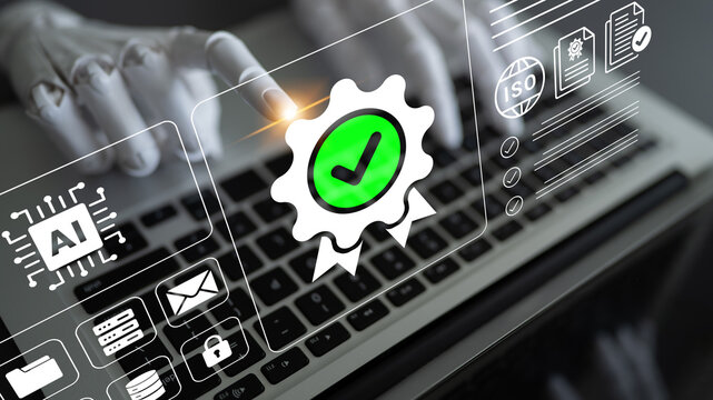 A digital hand interacts with a computer interface showcasing certification and quality assurance symbols, emphasizing innovation and technology in modern business environments. Cyphers