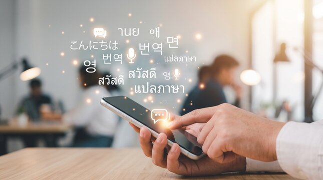 Hands holding smartphone with translation icons and text in multiple languages floating above screen in office