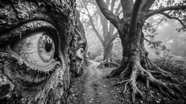 A surreal black and white image of a forest path framed by trees with eyes carved into their trunks.