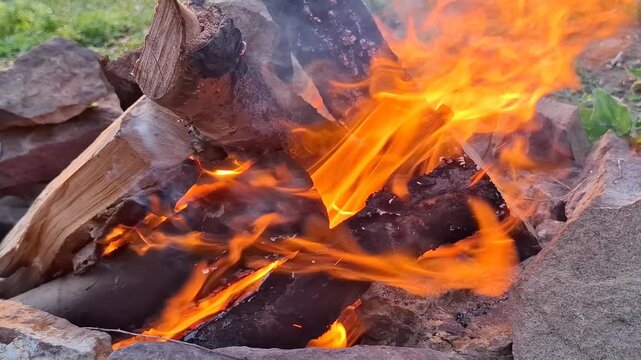 Close up of bright orange flames burning wood logs in a campfire at night. Cozy bonfire, outdoor camping, fireplace warmth, burning wood texture.