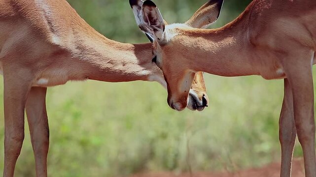 Two young Common Impala portrait bonding and grooming in Greater Kruger National park, South Africa ; Specie Aepyceros melampus family of Bovidae