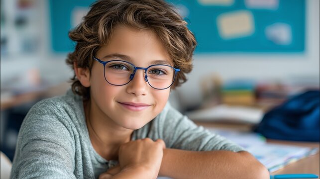 Young male student with eyeglasses happily looking at camera in school environment