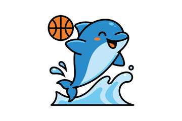Naklejka premium Cute Cartoon Dolphin Playing Basketball Vector Illustration