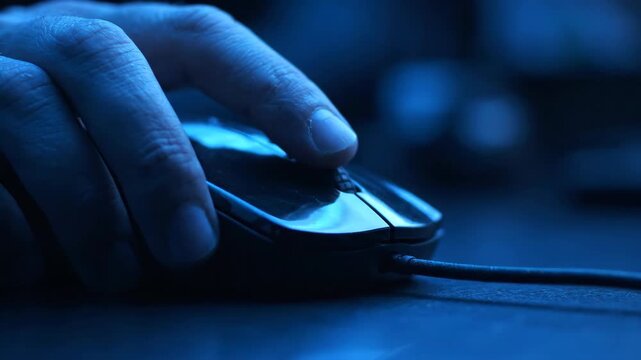 Finger clicking computer mouse close up with hand pressing button, technology use, wired device, digital interaction, office equipment in blue light