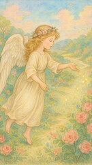 Obraz premium Ethereal angel in floral landscape mobile wallpaper