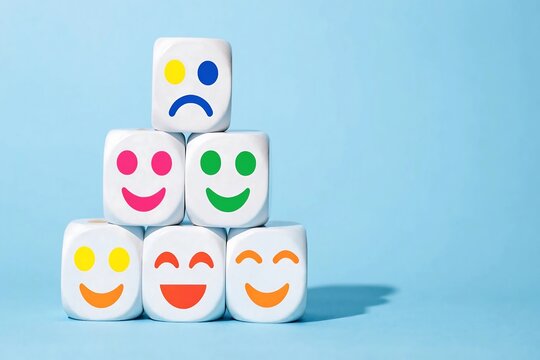 Emotional intelligence concept with white dice pyramid, colorful smiley face icons on cubes, mental health and customer satisfaction rating
