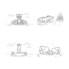 Obraz premium A black and white illustration of four safari animals including a cheetah crocodile meerkat and elephants in a natural setting for kids