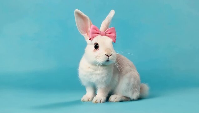 Adorable crystal clear 4K footage of a charming little bunny sporting a delicate pink ribbon looking around curiously while positioned against a solid blue chroma key screen ideal for clean