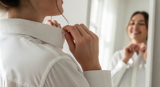 A close-up view of a woman's hands fixing the collar of a classic white shirt, with her blurred smiling face reflected in the mirror.