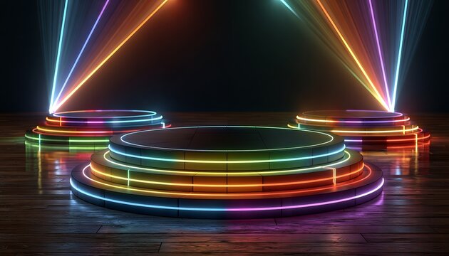 Abstract digital rendering of three concentric glowing rings in neon colors on dark background, digital neon rings