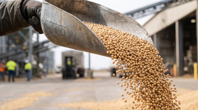 Worker Using Metal Scoop to Pour Harvested Soybeans at Agricultural Grain Storage Facility
