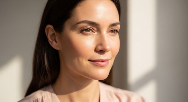 Close-up profile portrait of a smiling young woman looking sideways in soft, warm indoor sunlight