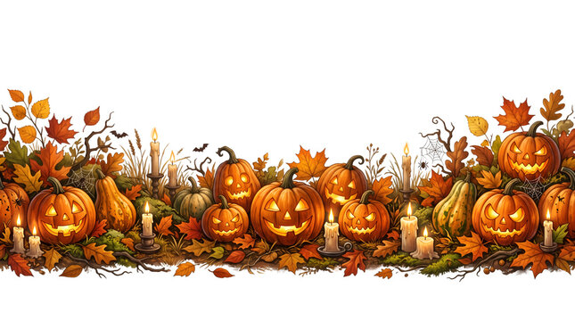  Halloween autumn border with pumpkins, skulls, candles and fall leaves