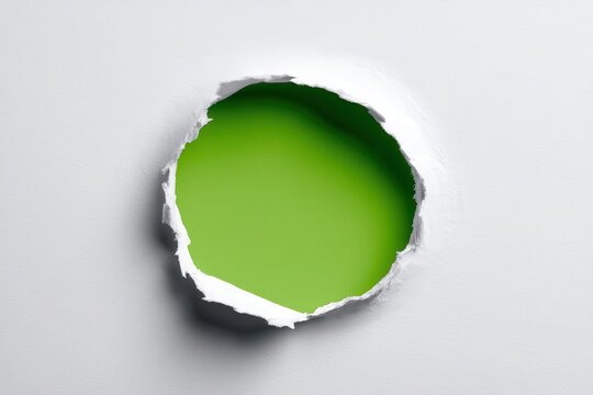 A circular hole torn in paper revealing a green background. This represents a breakthrough or reveal concept.